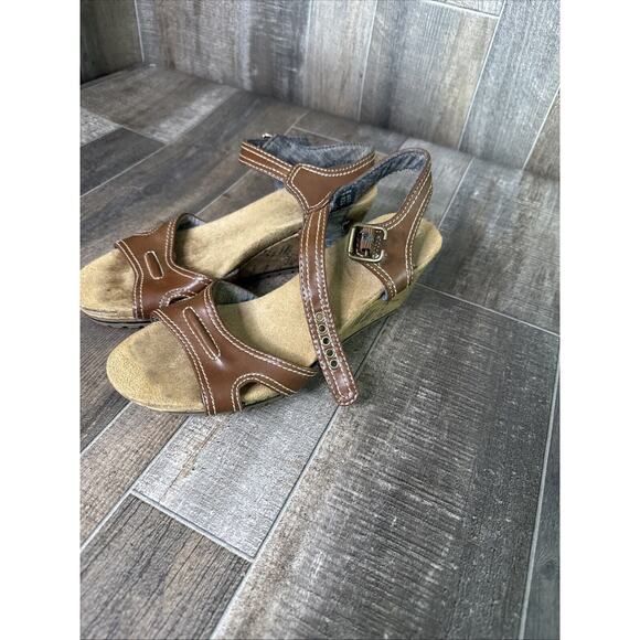 Dr Scholls Womens 6.5 Wedge Sandals Brown Leather Cork Adjustable Buckle - Picture 1 of 7